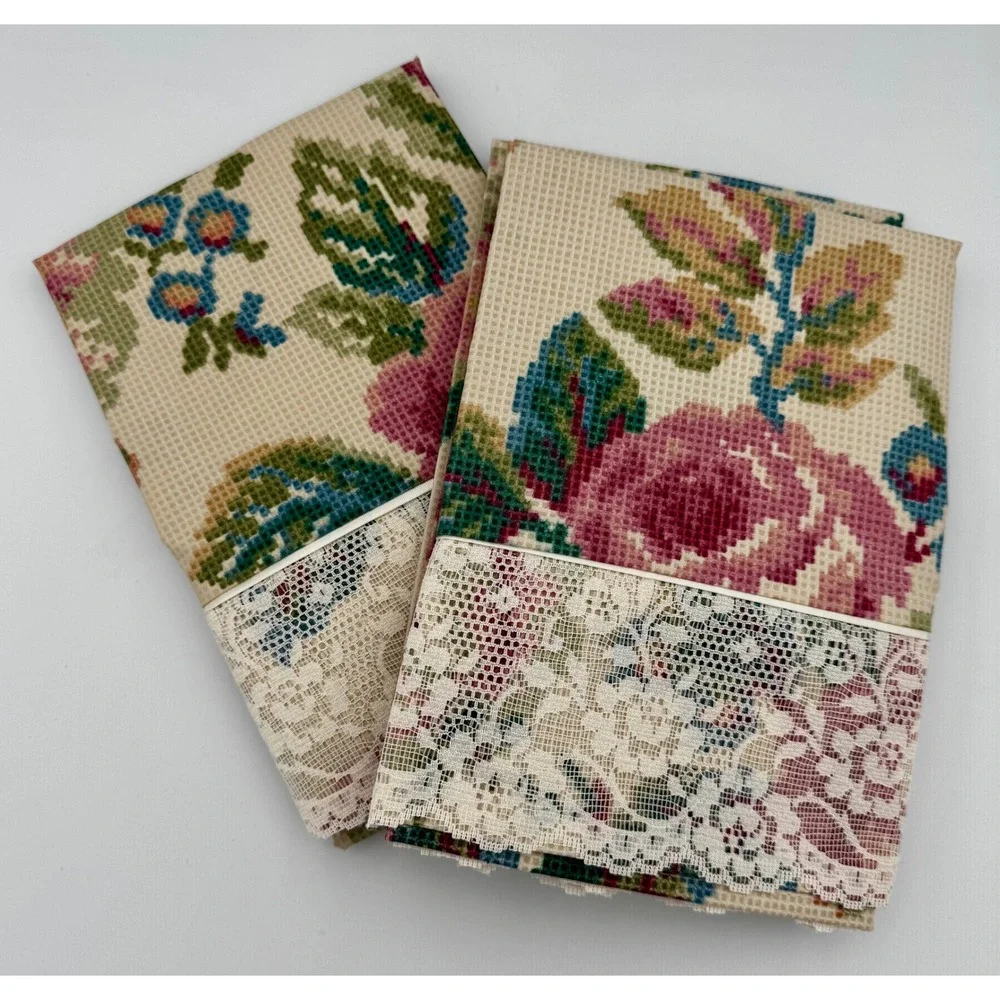 Vintage Cannon Royal Family King Pillowcase Set Floral Lace Cross Stitch Percale